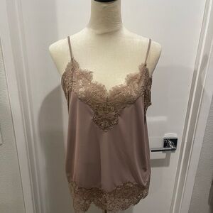 Express Satin Lace Trim V-Neck Downtown Cami in tan-ish taupe